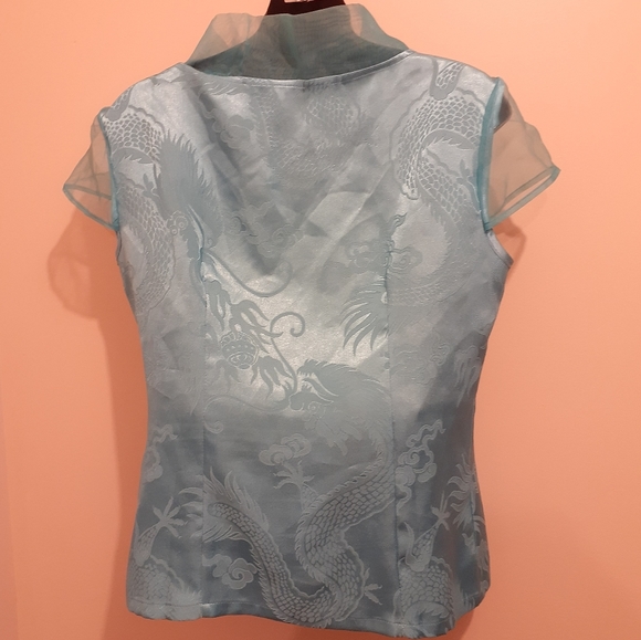 Sky Blue Asian Satin Top. Size Medium - Picture 6 of 9